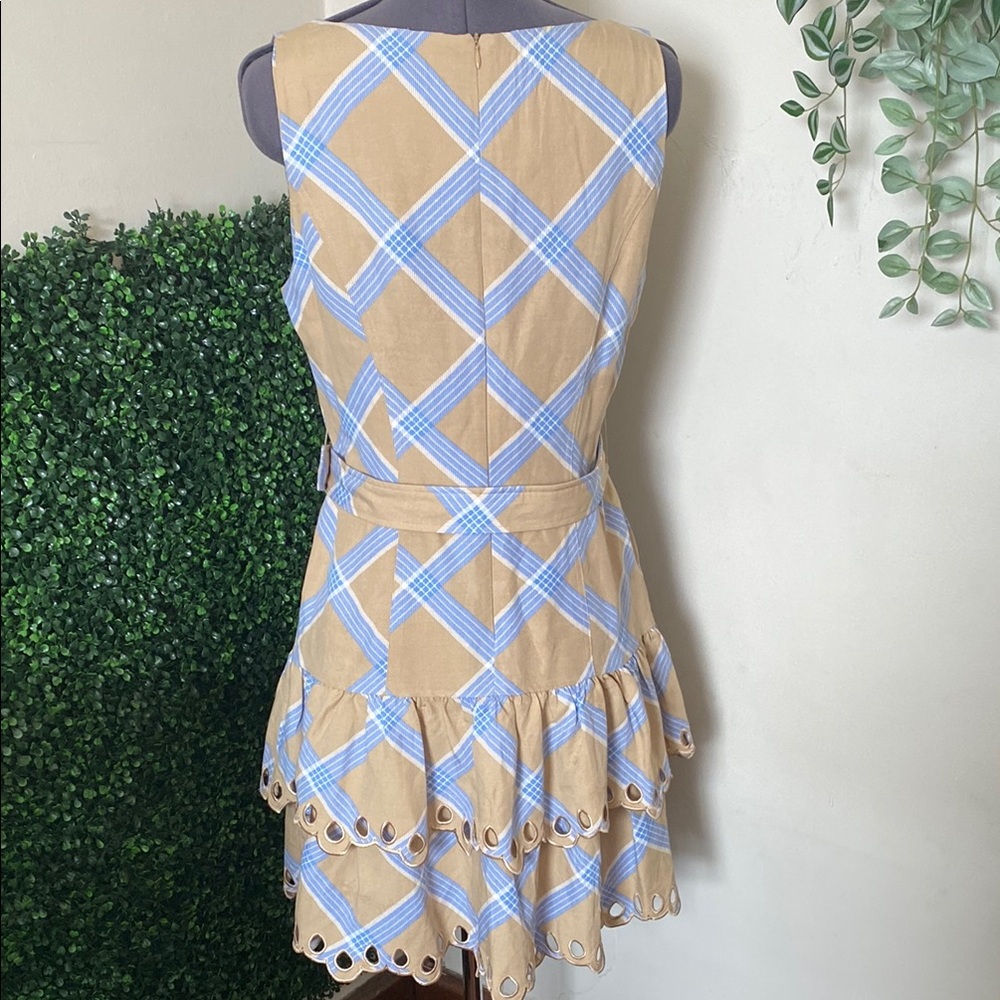 En Saison Tan and Light Blue Plaid Tiered Eyelet Hem Dress - Picture 5 of 10